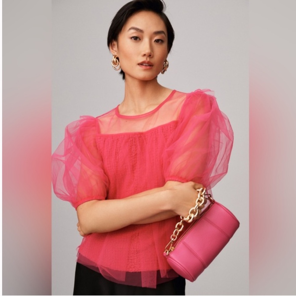 Anthropologie Sheer Magenta Puff Sleeve Top